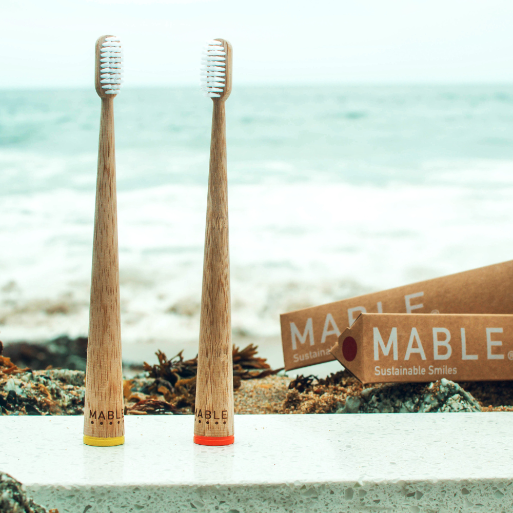MABLE bamboo toothbrush, self standing design, self standing toothbrush, compostable toothbrush, bamboo toothbrush, compostable toothbrush