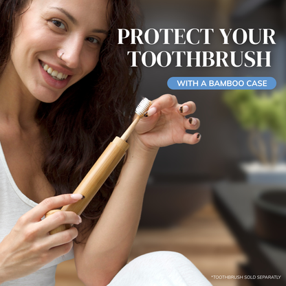 Woman holding a bamboo toothbrush inside a bamboo toothbrush travel case by MABLE, text reads protect your toothbrush with a bamboo case