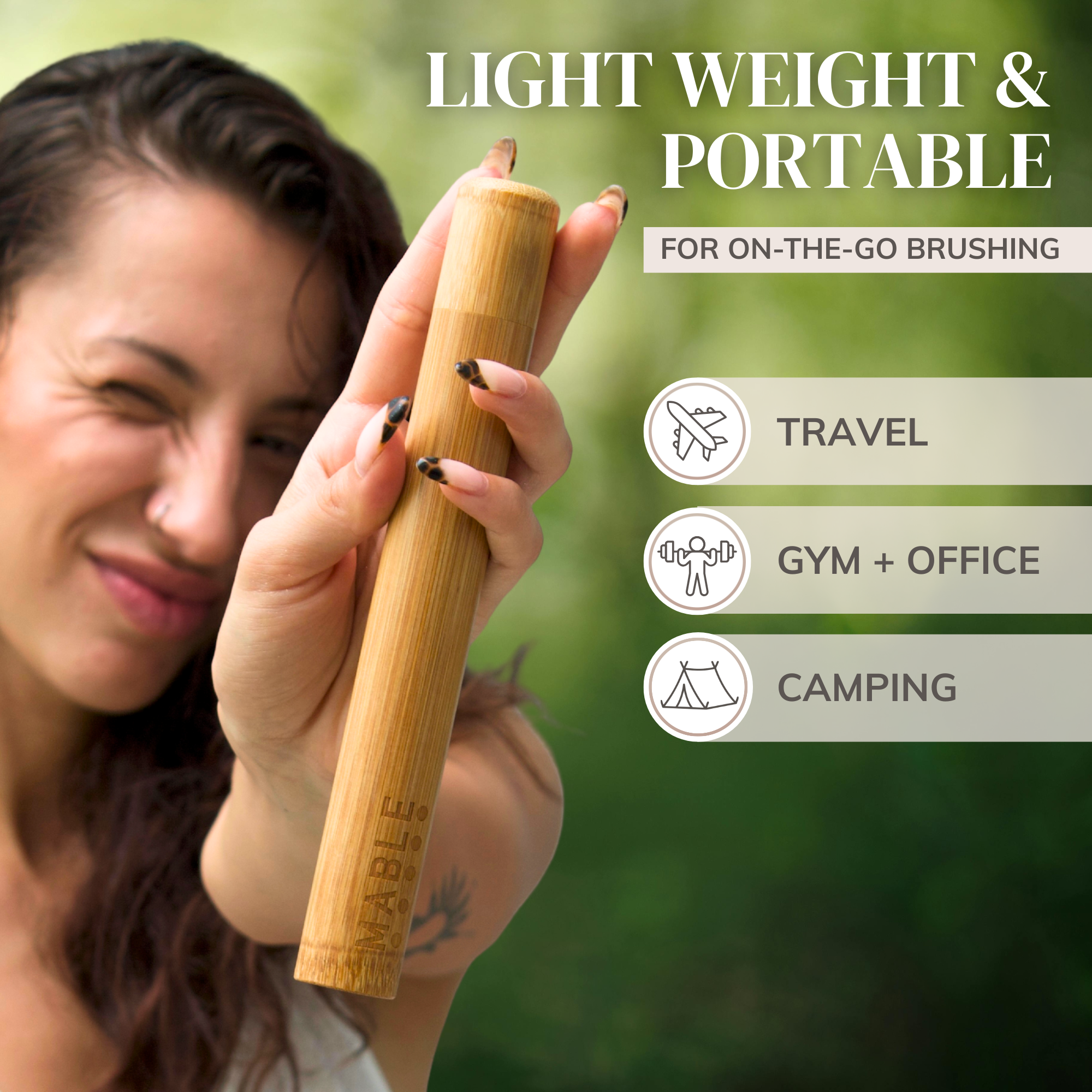 Lightweight and portable toothbrush travel case by MABLE, made from one piece of moso bamboo for on-the-go brushing at the gym oroffice, camping or travel