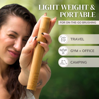 Lightweight and portable toothbrush travel case by MABLE, made from one piece of moso bamboo for on-the-go brushing at the gym oroffice, camping or travel
