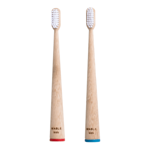 MABLE Bamboo Kids toothbrush, Soft bristle kids toothbrush, non-toxic chilbrens toothbrush, Two packs Kids toothbrush, One red and one blue bamboo toothbrush, biodegradable handle