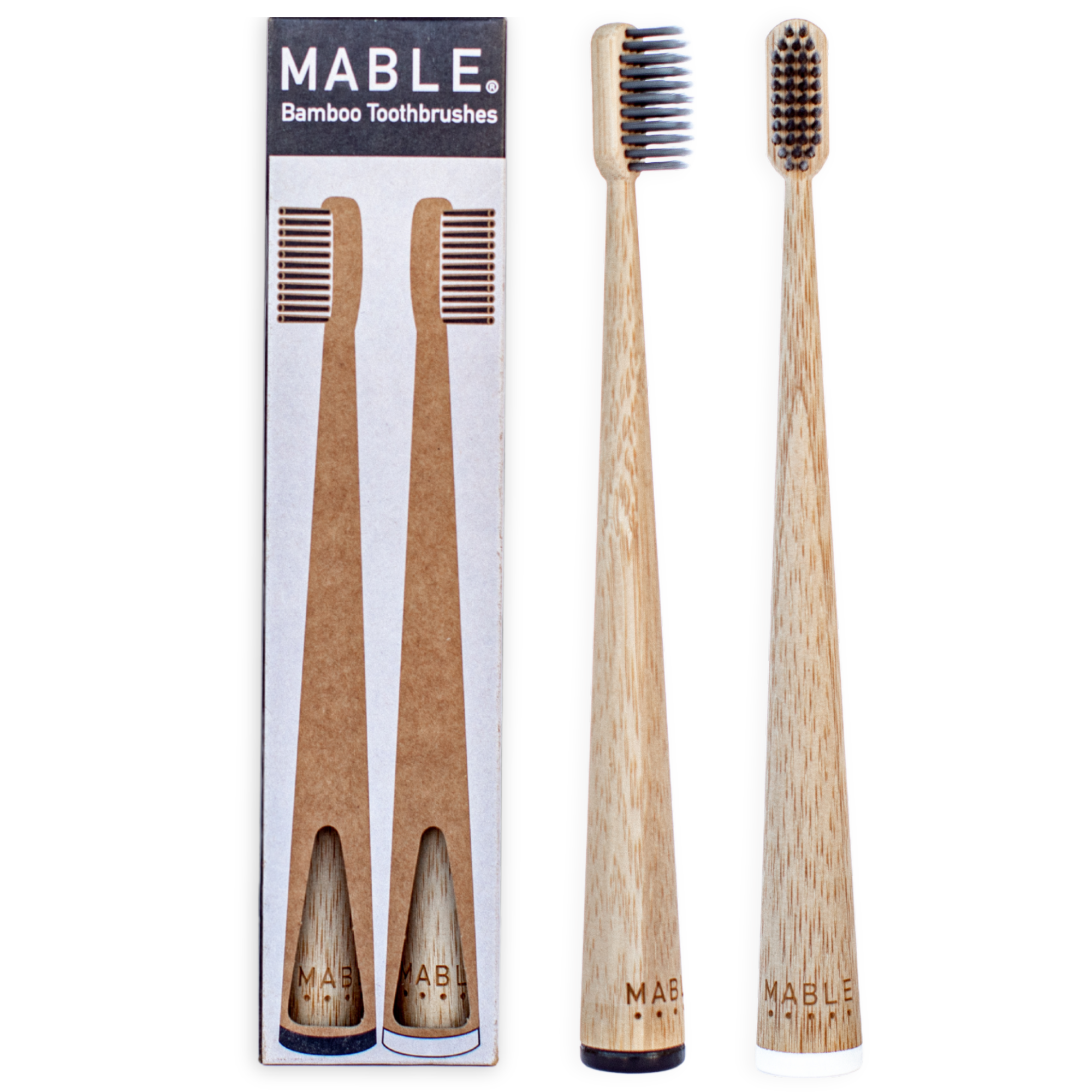 Best Bamboo toothbrush two pack by MABLE, charcoal infused BPA-free bristles, adult size, plastic-free packaging on a white background