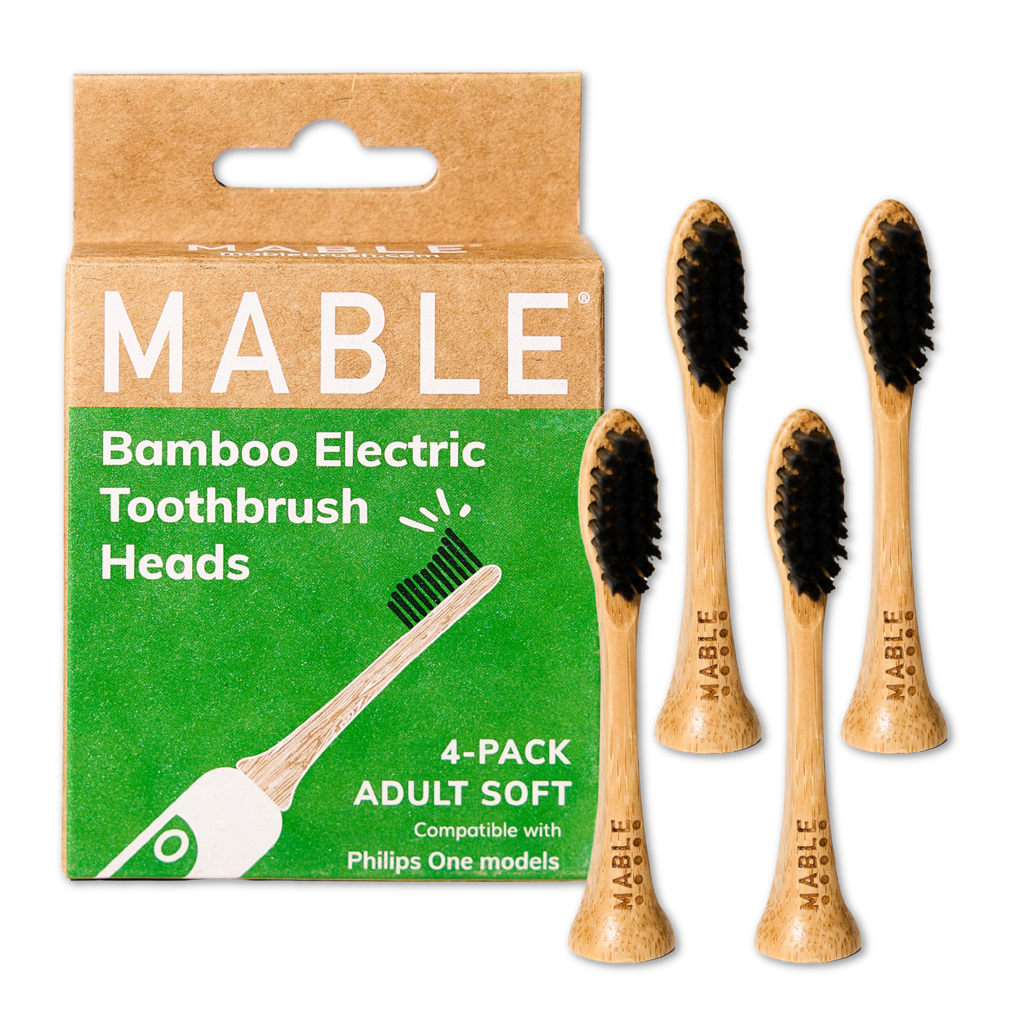 MABLE Electric toothbrush head compatible with Phillips One toothbrush, Electric toothbrush head made from bamboo with plant-based castor bean oil bristles, Soft bristle adult four pack in a green white and brown plastic-free packaging on a white background