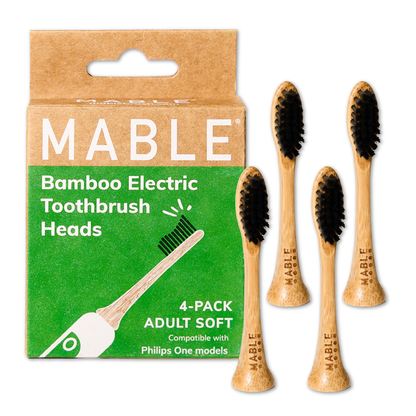 MABLE Electric toothbrush head compatible with Phillips One toothbrush, Electric toothbrush head made from bamboo with plant-based castor bean oil bristles, Soft bristle adult four pack in a green white and brown plastic-free packaging on a white background