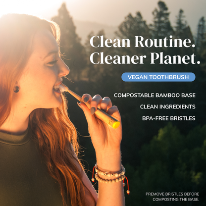 Person using a MABLE bamboo toothbrush with text about a cleaner routine cleaner planet, vegan toothbrush with BPA-free bristles and a compostable toothbrush handle