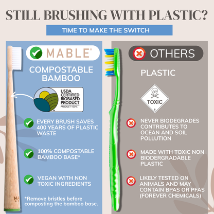 Comparison of Mable compostable bamboo toothbrush and plastic toothbrush with environmental benefits highlighted.